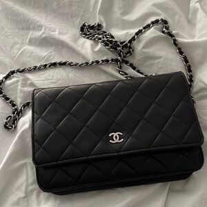 Authentic Chanel Black Patent SHW Wallet On Chain.